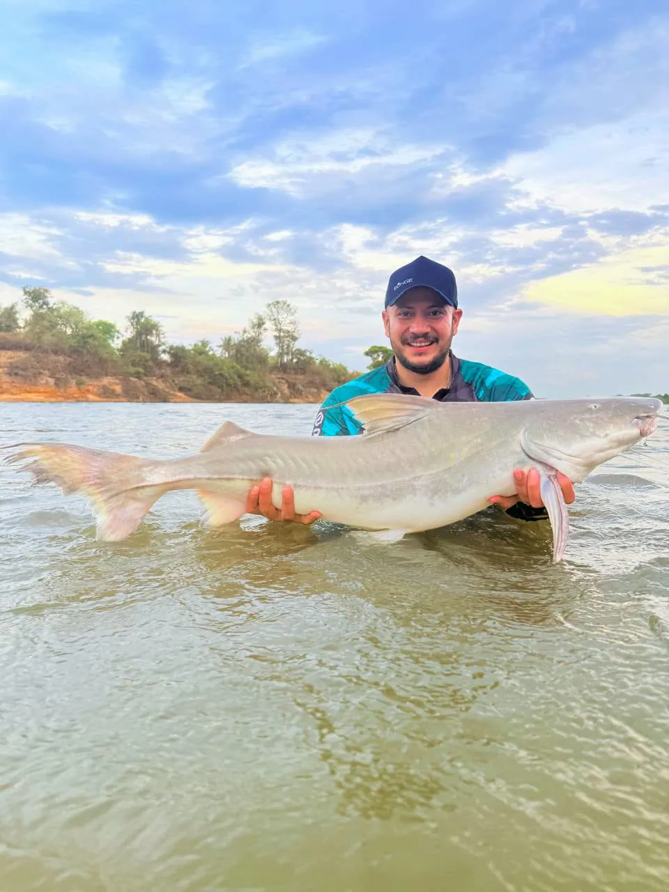 Pescador dentro do rio segura uma piraíba