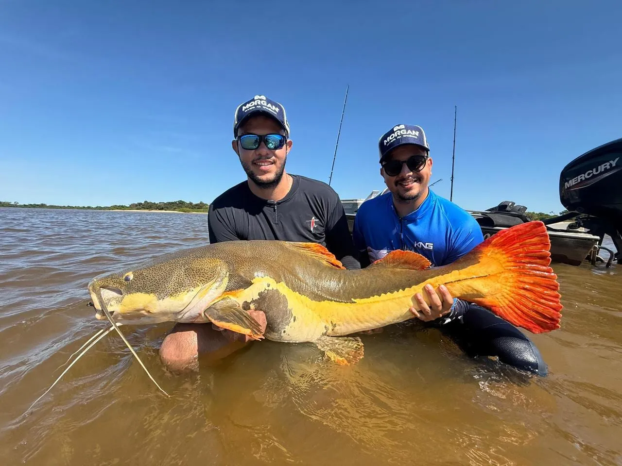 Dois pescadores dentro do rio seguram uma pirarara