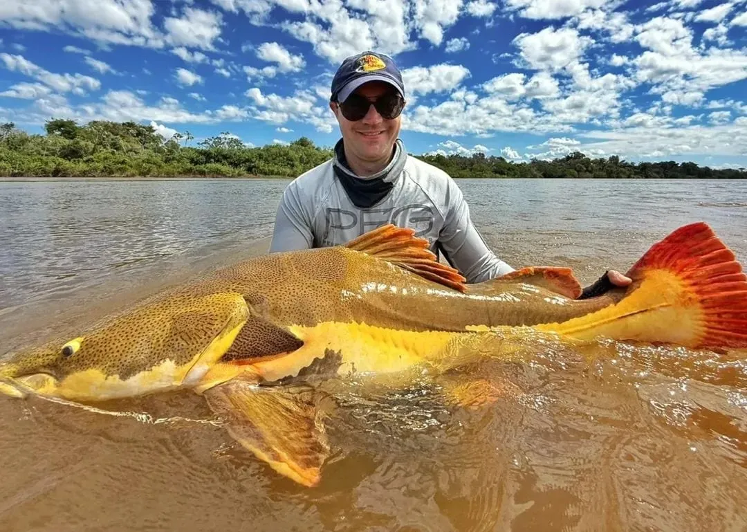 Pescador dentro do rio segura uma pirarara