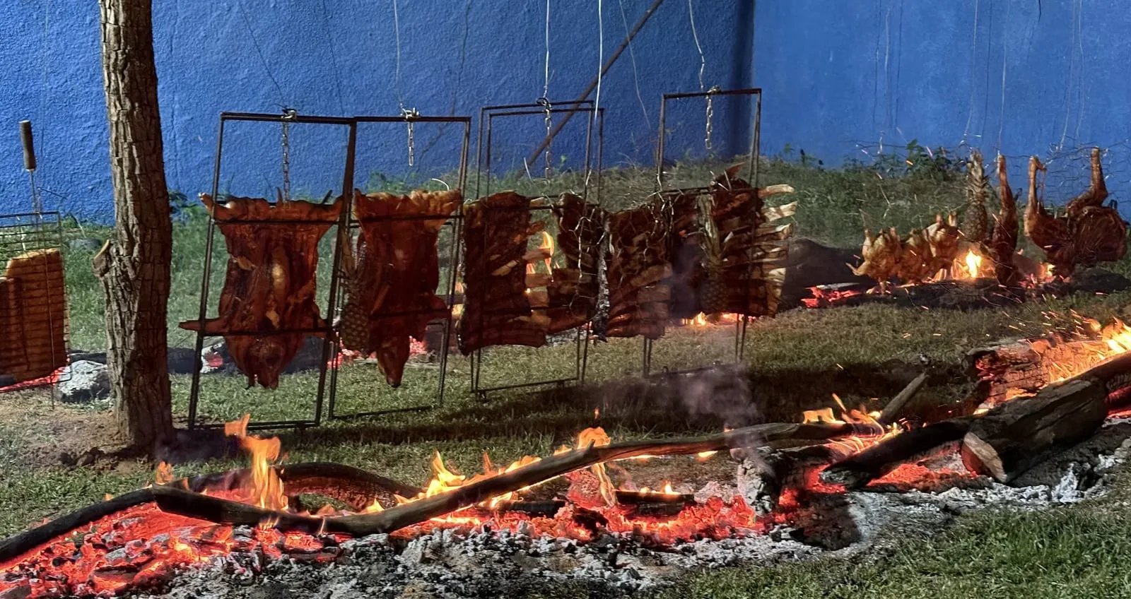 Carnes assando no fogo de chão